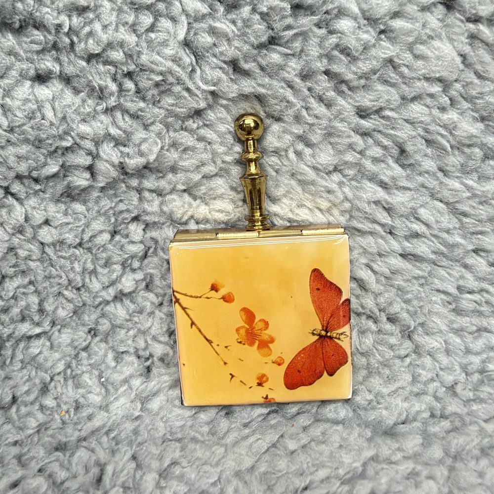 Butterfly Pocket Ashtray w/ Cigarette Rest Vintage MCM Finial Handle Hinged